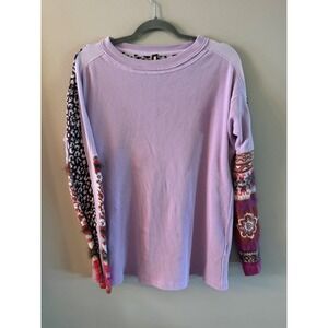 Free People Lavender Thermal Knit Mixed Media Fair Isle Faux Fur Sleeve Top